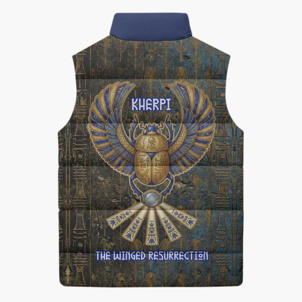 Khepri Ancient Egyptian Sleeveless Puffer Jacket Dark Hieroglyphic, Blue Lotus Eye Symbol, and Winged Scarab Resurrection - African Pride