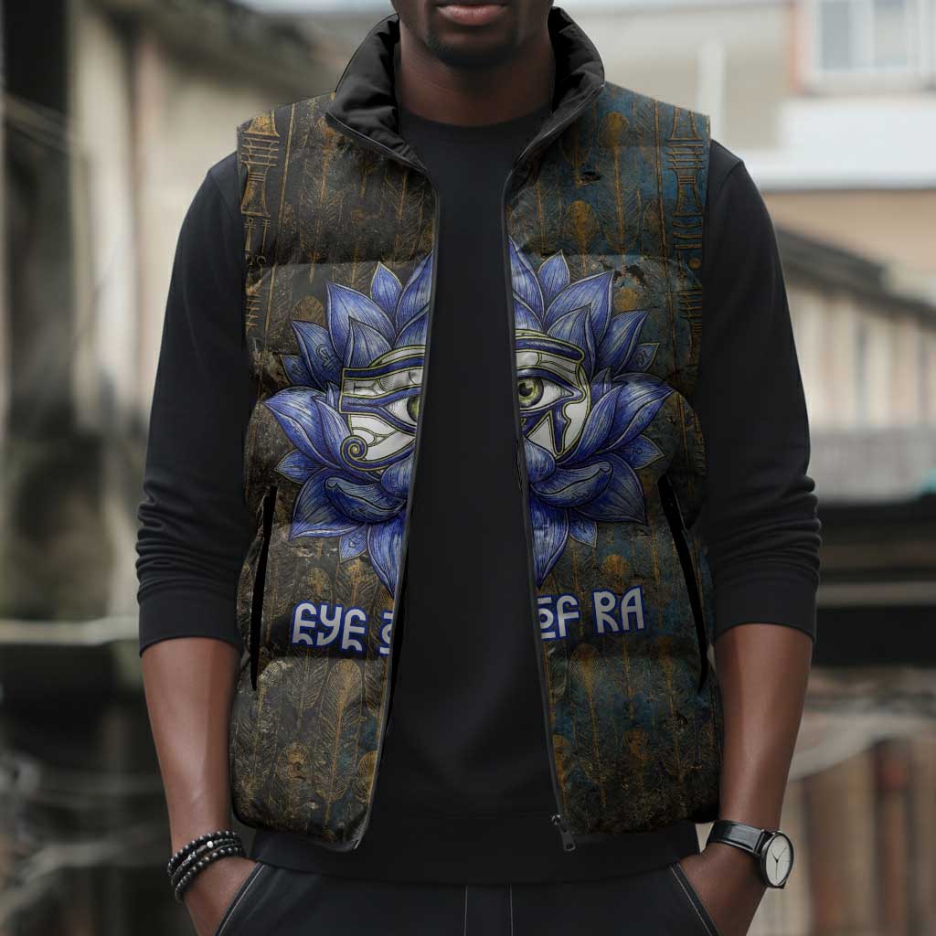 Khepri Ancient Egyptian Sleeveless Puffer Jacket Dark Hieroglyphic, Blue Lotus Eye Symbol, and Winged Scarab Resurrection - African Pride