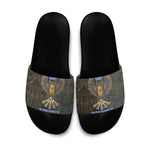 Khepri Ancient Egyptian Slide Sandals Dark Hieroglyphic, Blue Lotus Eye Symbol, and Winged Scarab Resurrection - African Pride