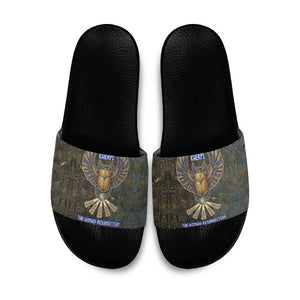 Khepri Ancient Egyptian Slide Sandals Dark Hieroglyphic, Blue Lotus Eye Symbol, and Winged Scarab Resurrection - African Pride