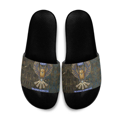 Khepri Ancient Egyptian Slide Sandals Dark Hieroglyphic, Blue Lotus Eye Symbol, and Winged Scarab Resurrection - African Pride