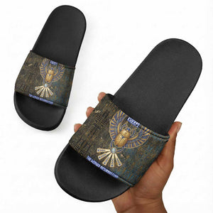 Khepri Ancient Egyptian Slide Sandals Dark Hieroglyphic, Blue Lotus Eye Symbol, and Winged Scarab Resurrection - African Pride