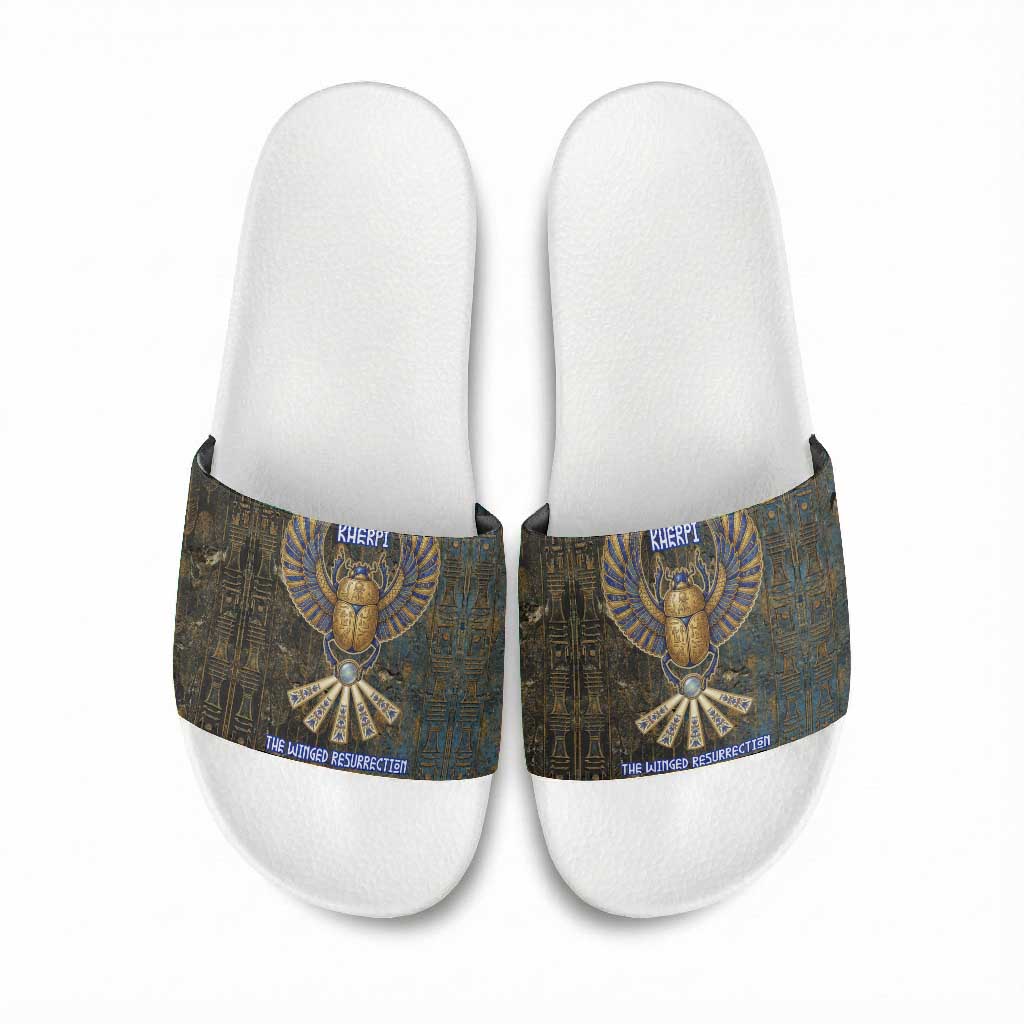 Khepri Ancient Egyptian Slide Sandals Dark Hieroglyphic, Blue Lotus Eye Symbol, and Winged Scarab Resurrection - African Pride