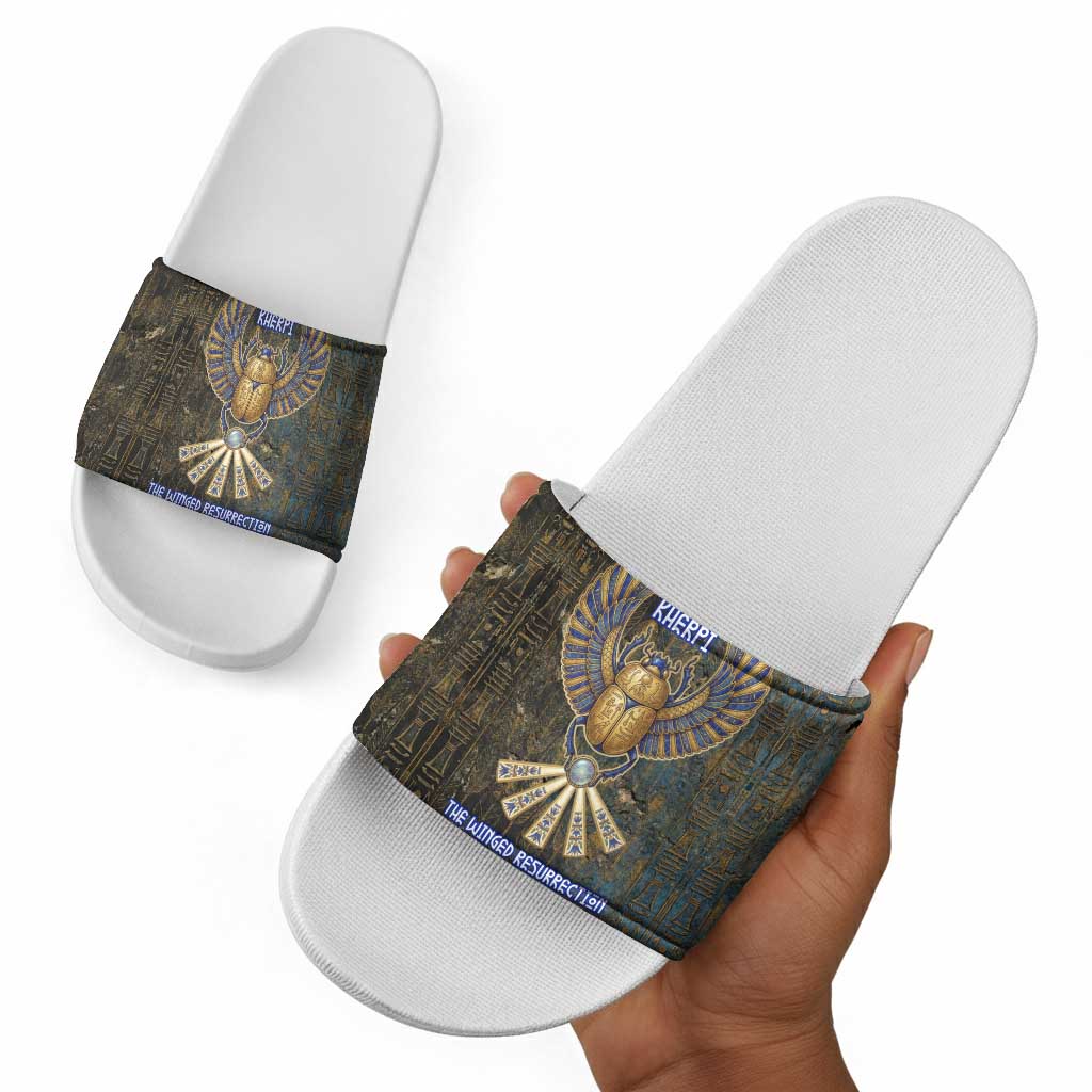 Khepri Ancient Egyptian Slide Sandals Dark Hieroglyphic, Blue Lotus Eye Symbol, and Winged Scarab Resurrection - African Pride