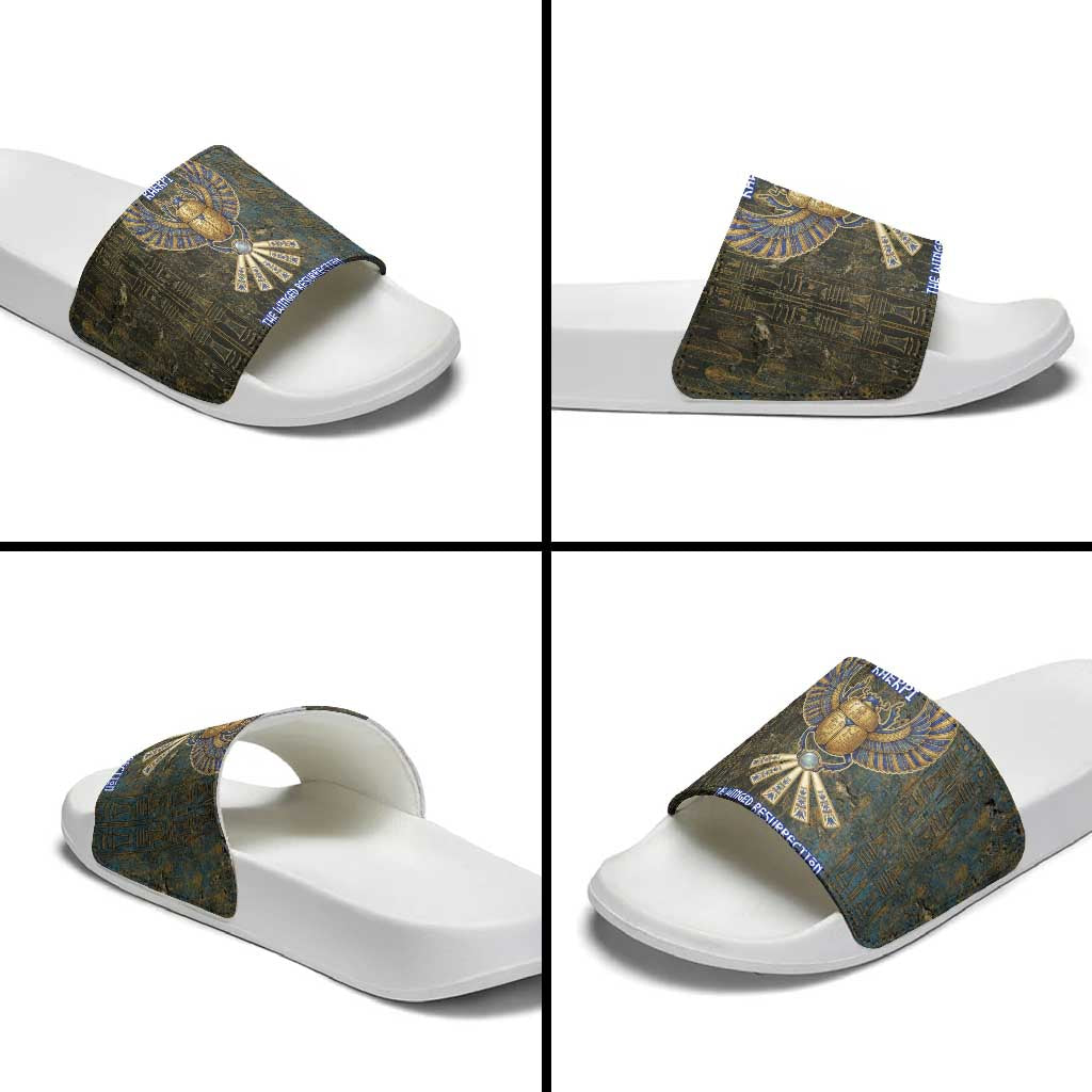 Khepri Ancient Egyptian Slide Sandals Dark Hieroglyphic, Blue Lotus Eye Symbol, and Winged Scarab Resurrection - African Pride