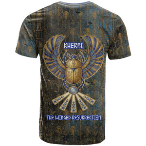 Khepri Ancient Egyptian T shirt Dark Hieroglyphic, Blue Lotus Eye Symbol, and Winged Scarab Resurrection - African Pride