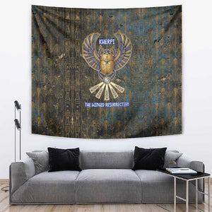 Khepri Ancient Egyptian Tapestry Dark Hieroglyphic, Blue Lotus Eye Symbol, and Winged Scarab Resurrection - African Pride