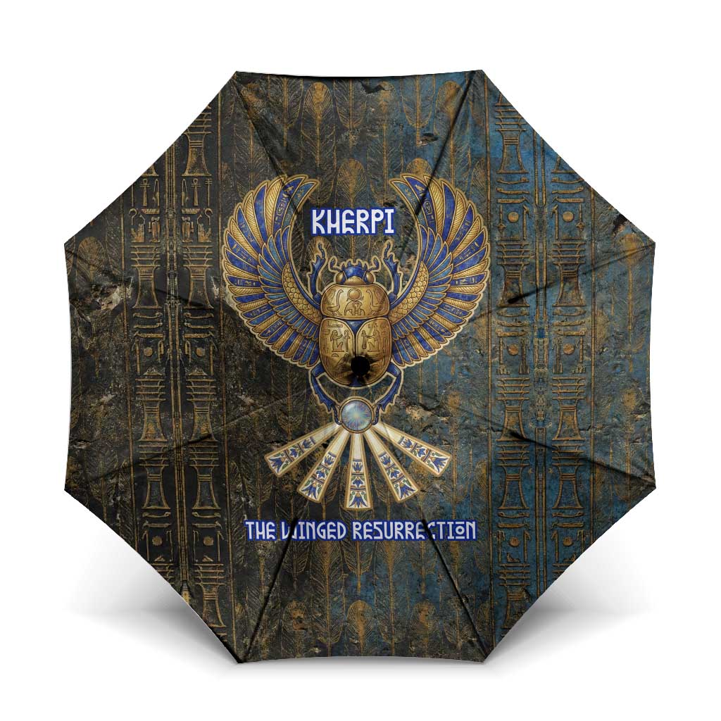 Khepri Ancient Egyptian Umbrella Dark Hieroglyphic, Blue Lotus Eye Symbol, and Winged Scarab Resurrection - African Pride