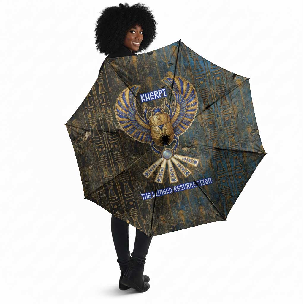 Khepri Ancient Egyptian Umbrella Dark Hieroglyphic, Blue Lotus Eye Symbol, and Winged Scarab Resurrection - African Pride