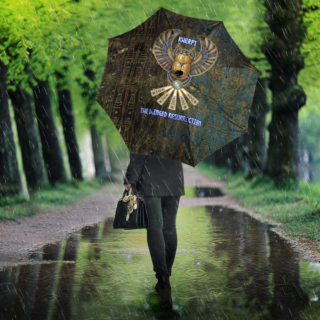 Khepri Ancient Egyptian Umbrella Dark Hieroglyphic, Blue Lotus Eye Symbol, and Winged Scarab Resurrection - African Pride