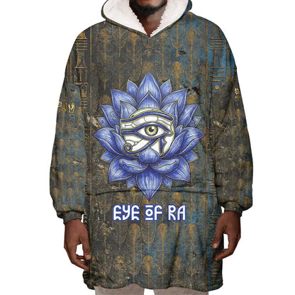 Khepri Ancient Egyptian Wearable Blanket Hoodie Dark Hieroglyphic, Blue Lotus Eye Symbol, and Winged Scarab Resurrection - African Pride