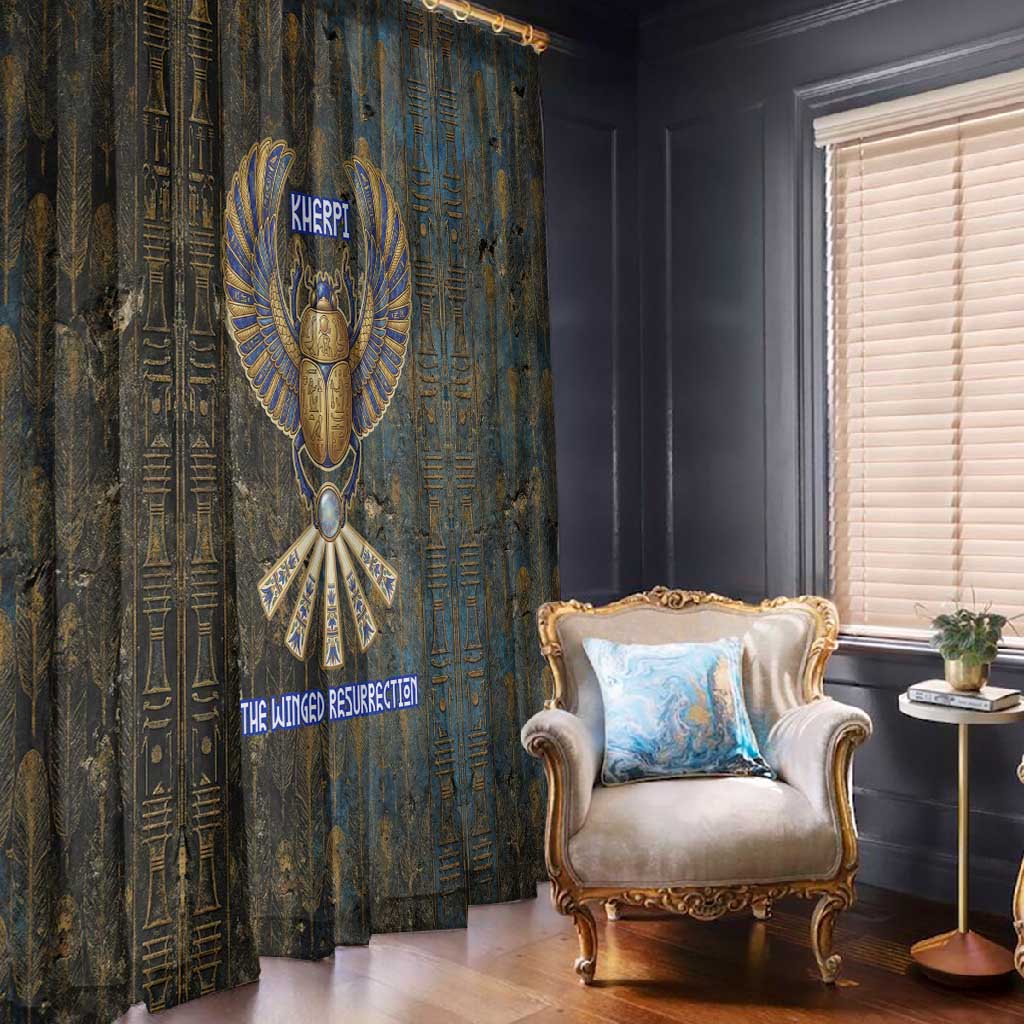 Khepri Ancient Egyptian Window Curtain Dark Hieroglyphic, Blue Lotus Eye Symbol, and Winged Scarab Resurrection - African Pride