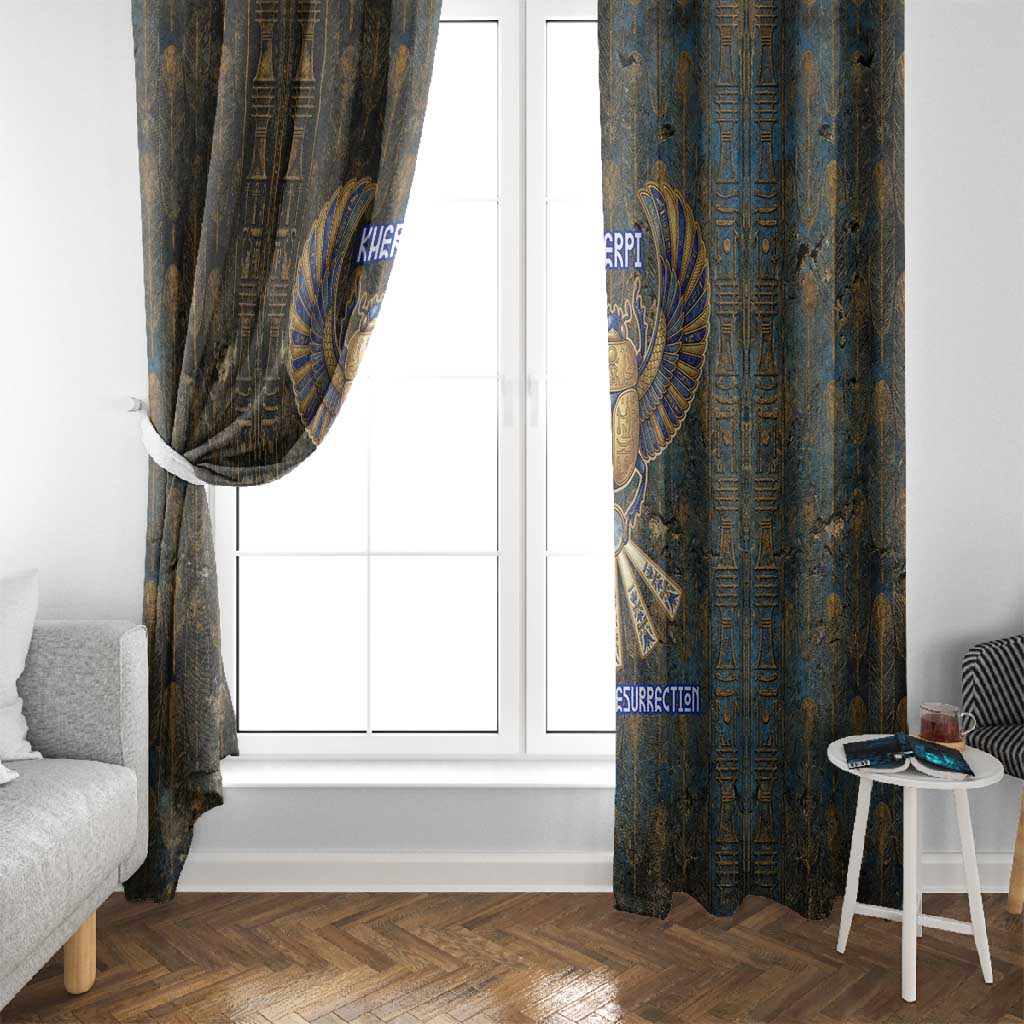 Khepri Ancient Egyptian Window Curtain Dark Hieroglyphic, Blue Lotus Eye Symbol, and Winged Scarab Resurrection - African Pride