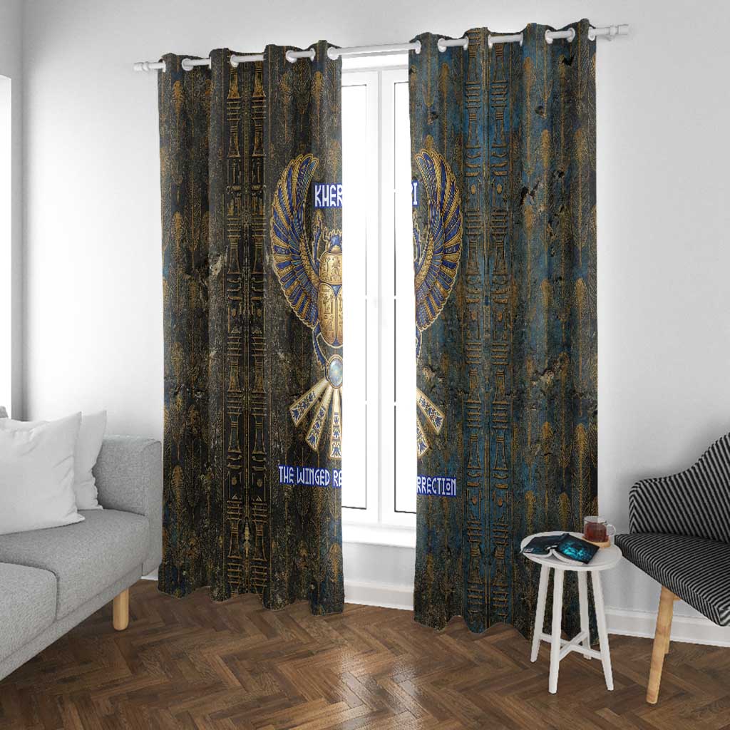 Khepri Ancient Egyptian Window Curtain Dark Hieroglyphic, Blue Lotus Eye Symbol, and Winged Scarab Resurrection - African Pride