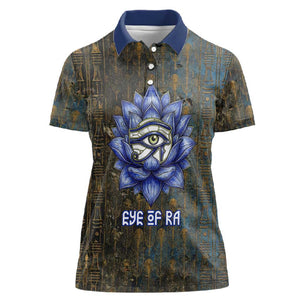 Khepri Ancient Egyptian Women Polo Shirt Dark Hieroglyphic, Blue Lotus Eye Symbol, and Winged Scarab Resurrection - African Pride