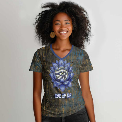 Khepri Ancient Egyptian Women V-Neck T-Shirt Dark Hieroglyphic, Blue Lotus Eye Symbol, and Winged Scarab Resurrection - African Pride