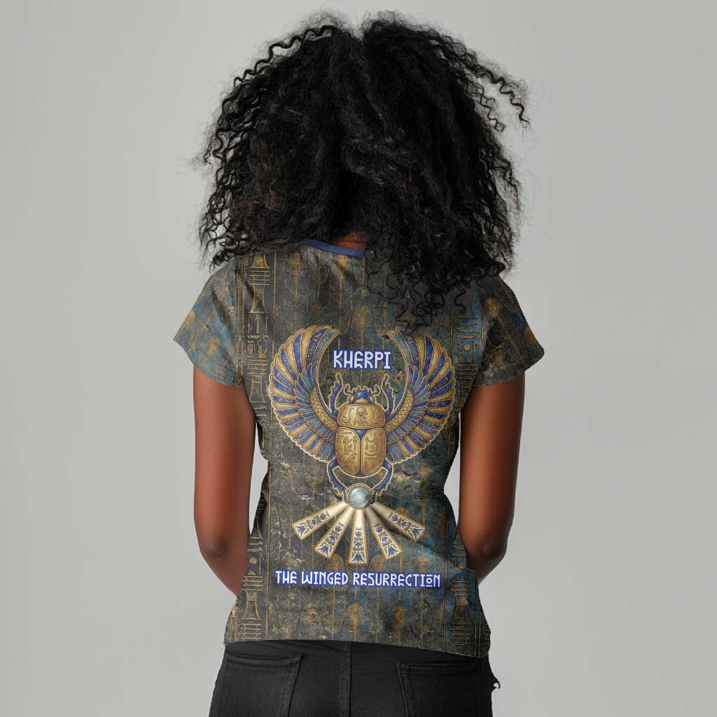 Khepri Ancient Egyptian Women V-Neck T-Shirt Dark Hieroglyphic, Blue Lotus Eye Symbol, and Winged Scarab Resurrection - African Pride