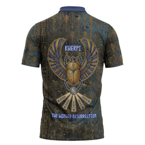 Khepri Ancient Egyptian Zipper Polo Shirt Dark Hieroglyphic, Blue Lotus Eye Symbol, and Winged Scarab Resurrection - African Pride