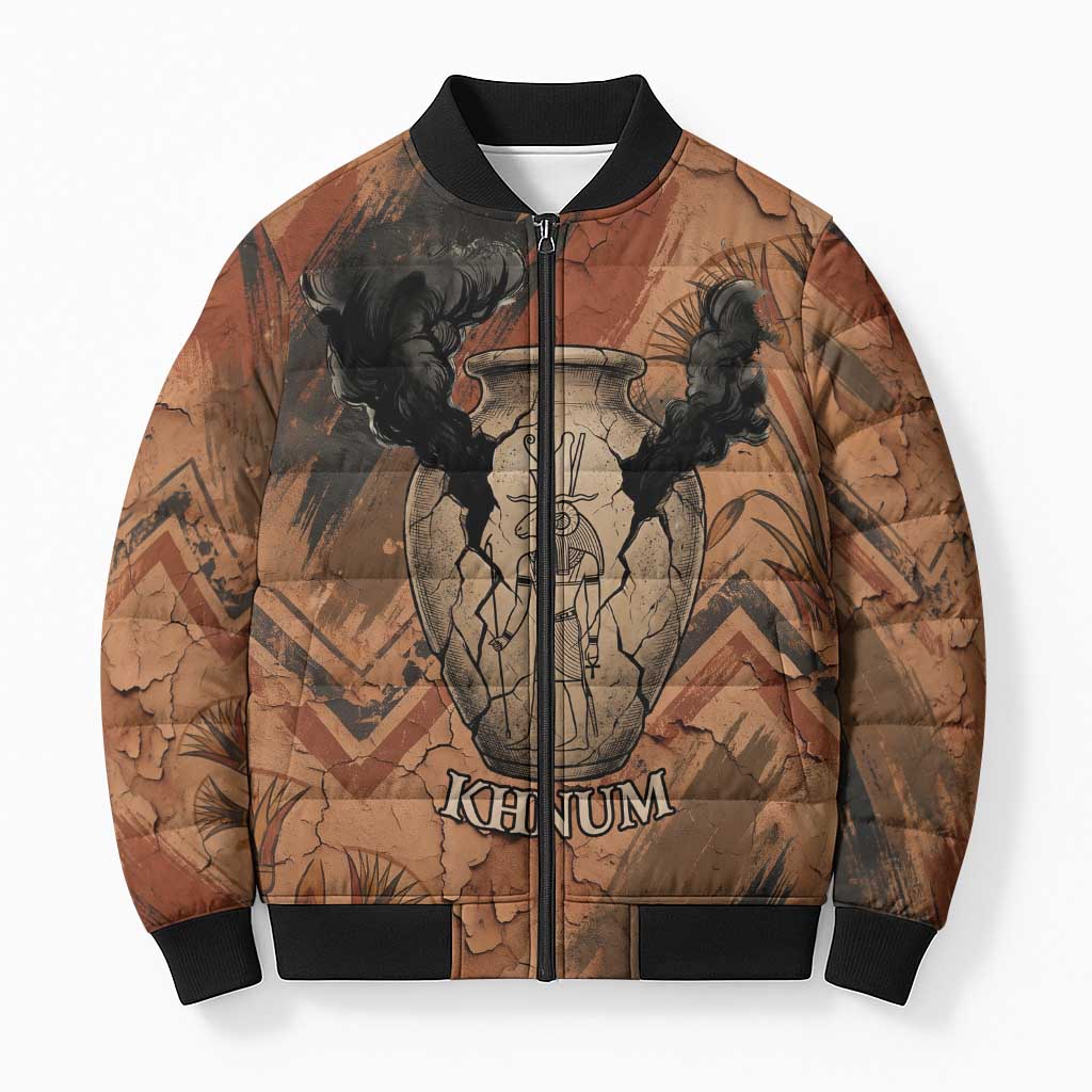 Khnum Bomber Puffer Jacket Ancient Egyptian Earthy Cracked Papyrus - Divine Potter - African Pride