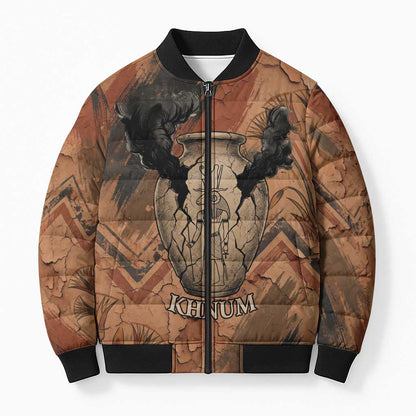Khnum Bomber Puffer Jacket Ancient Egyptian Earthy Cracked Papyrus - Divine Potter - African Pride