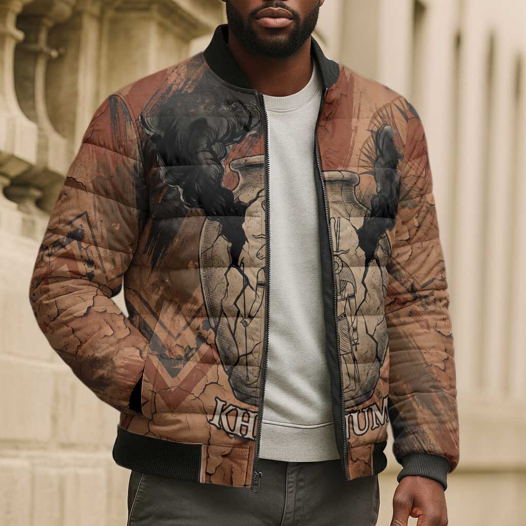 Khnum Bomber Puffer Jacket Ancient Egyptian Earthy Cracked Papyrus - Divine Potter - African Pride