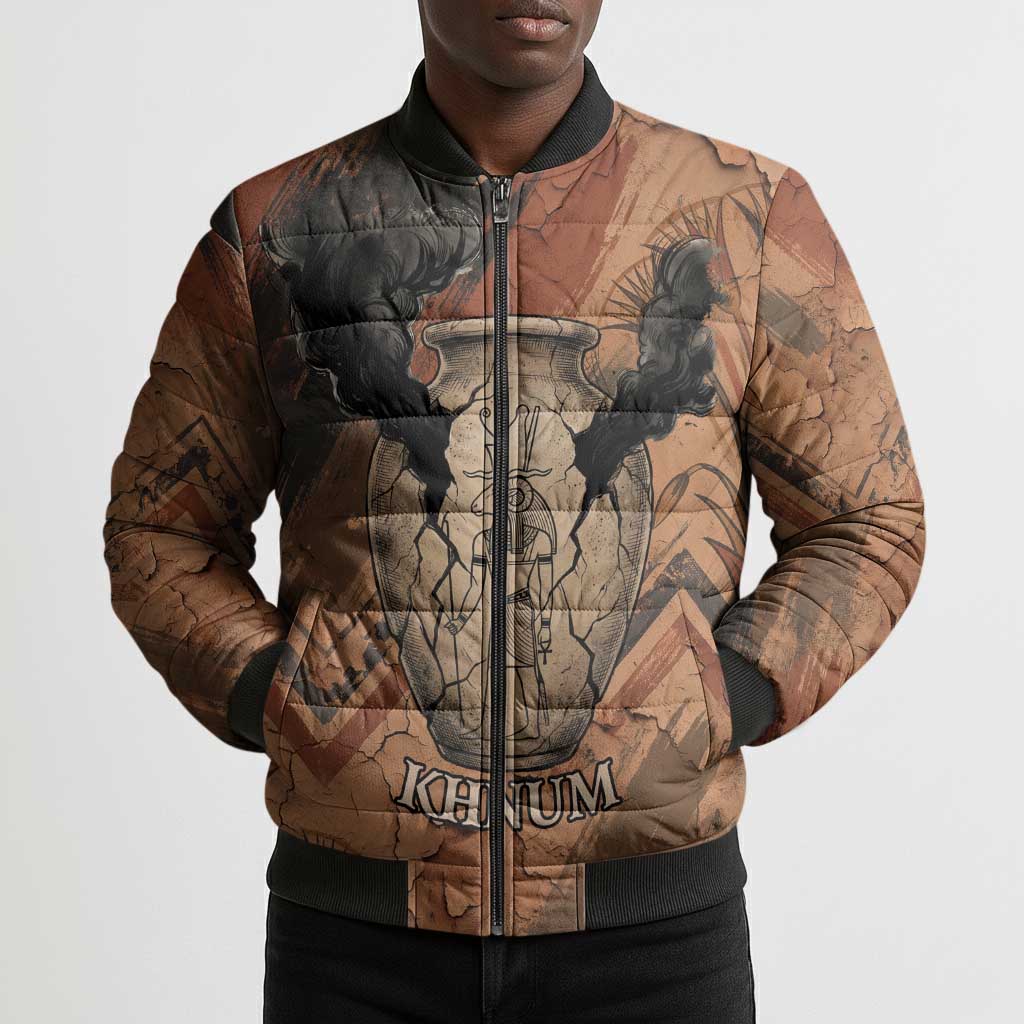 Khnum Bomber Puffer Jacket Ancient Egyptian Earthy Cracked Papyrus - Divine Potter - African Pride
