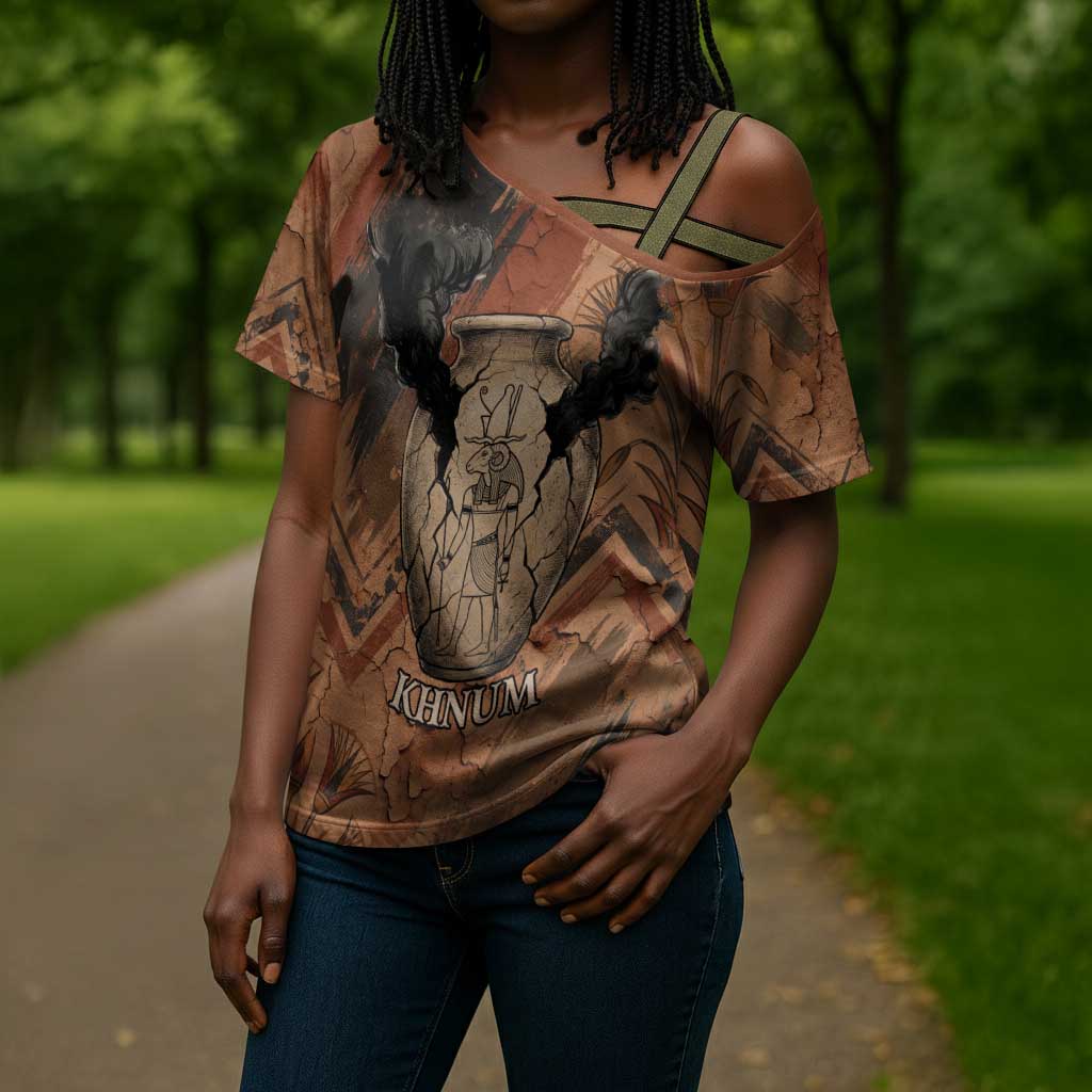 Khnum Cross Shoulder Shirt Ancient Egyptian Earthy Cracked Papyrus - Divine Potter - African Pride