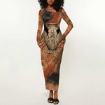 Khnum Long Sleeve Bodycon Dress Ancient Egyptian Earthy Cracked Papyrus - Divine Potter - African Pride