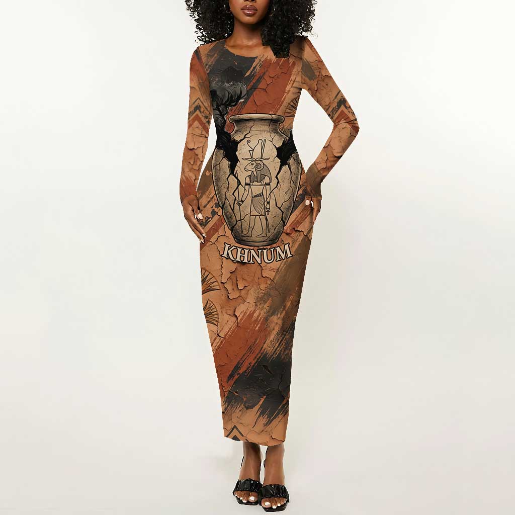 Khnum Long Sleeve Bodycon Dress Ancient Egyptian Earthy Cracked Papyrus - Divine Potter - African Pride