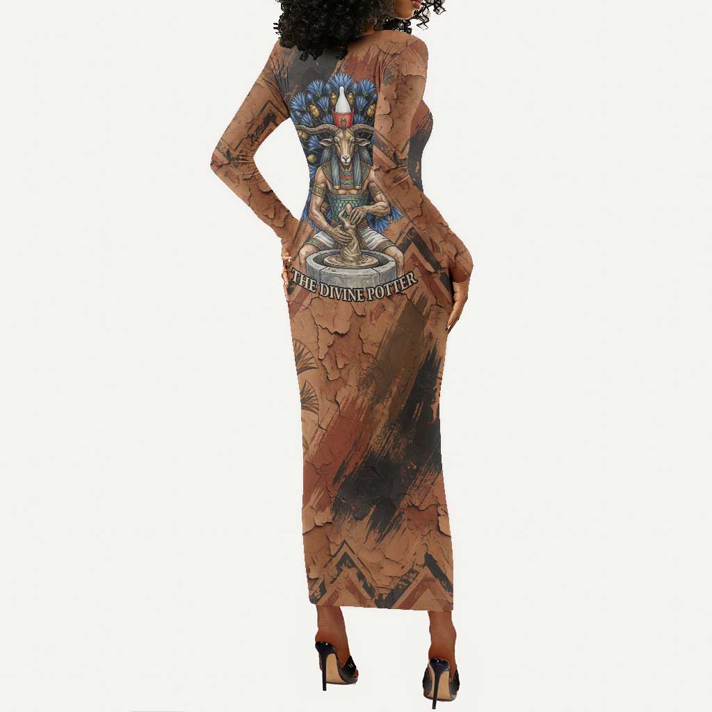 Khnum Long Sleeve Bodycon Dress Ancient Egyptian Earthy Cracked Papyrus - Divine Potter - African Pride