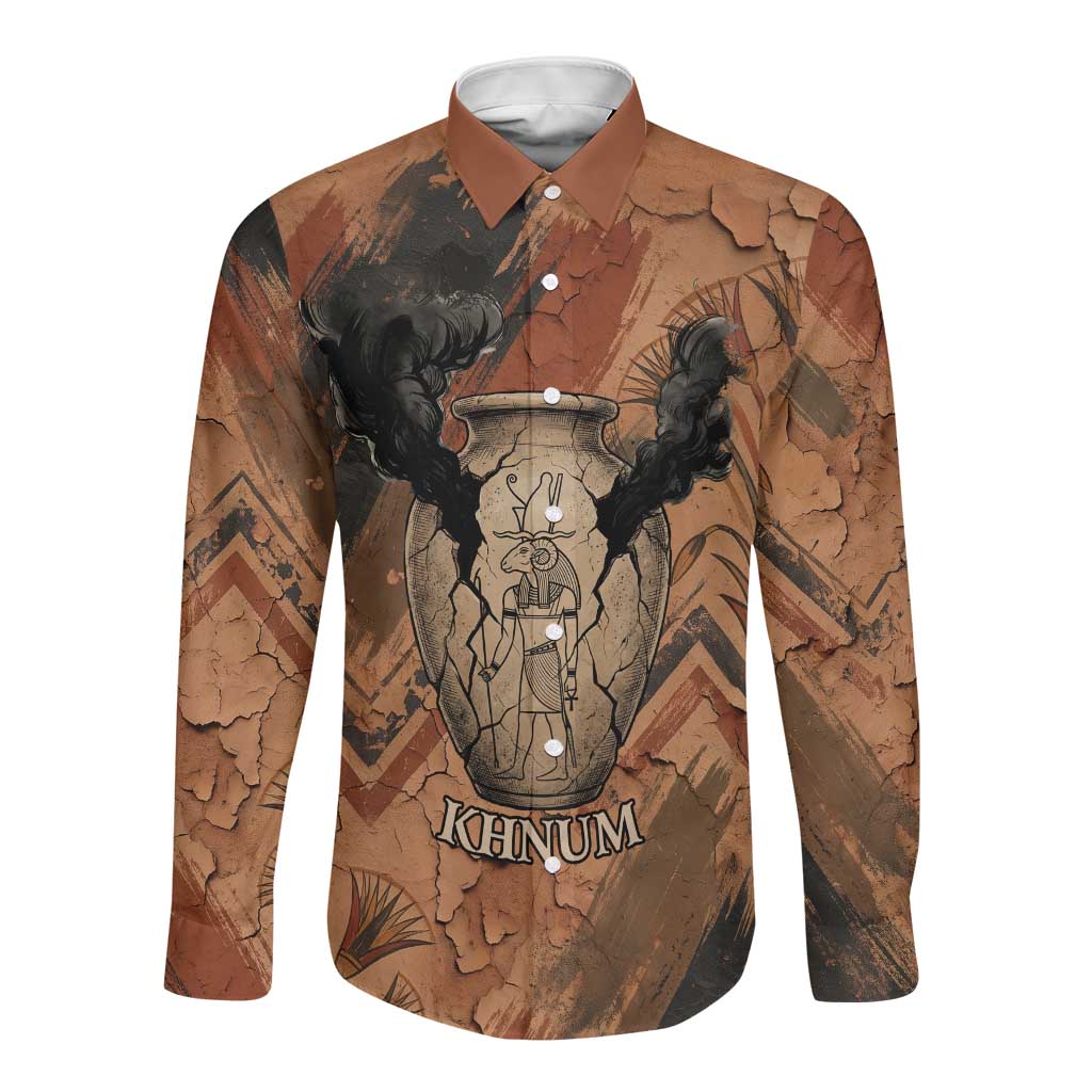 Khnum Long Sleeve Button Shirt Ancient Egyptian Earthy Cracked Papyrus - Divine Potter - African Pride