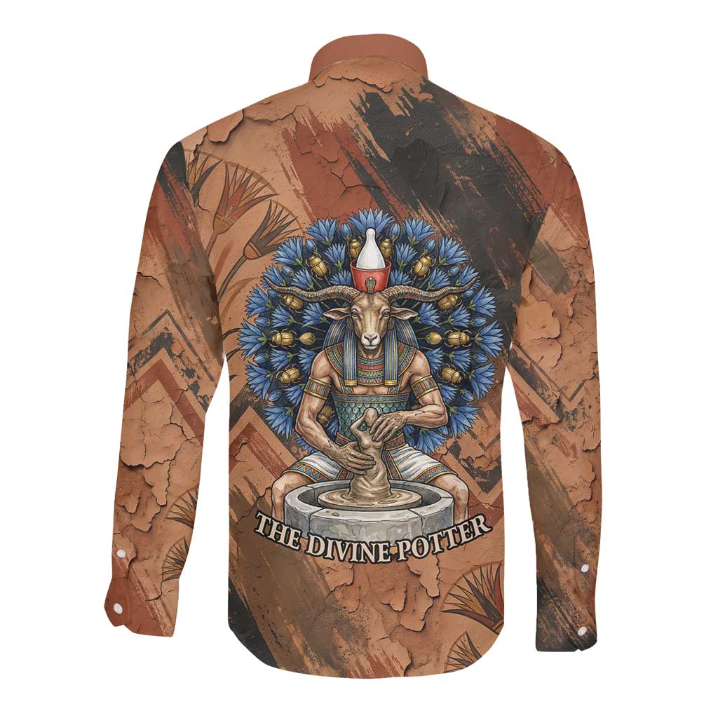 Khnum Long Sleeve Button Shirt Ancient Egyptian Earthy Cracked Papyrus - Divine Potter - African Pride