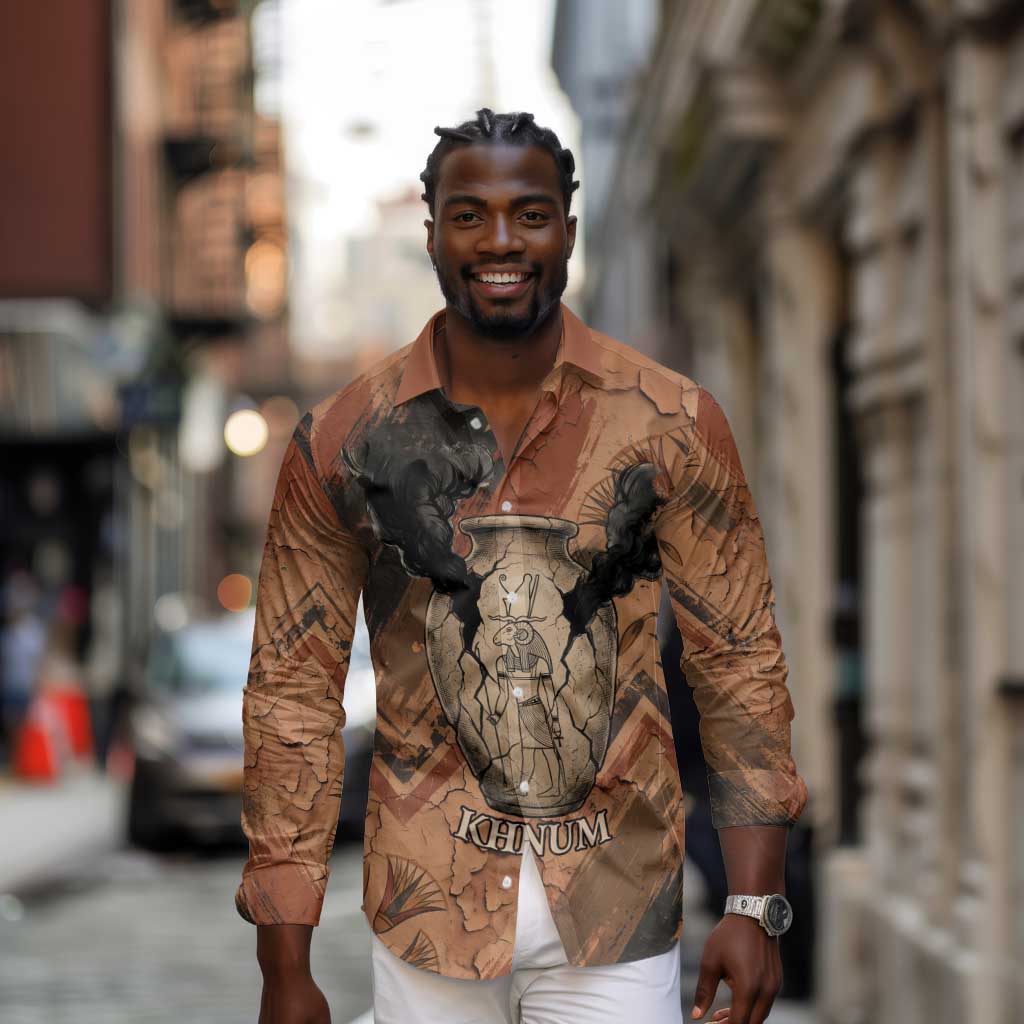 Khnum Long Sleeve Button Shirt Ancient Egyptian Earthy Cracked Papyrus - Divine Potter - African Pride