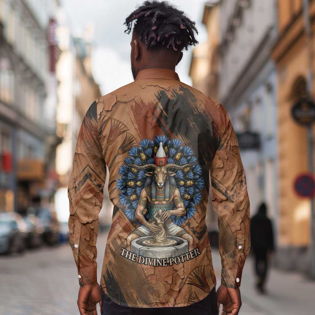 Khnum Long Sleeve Button Shirt Ancient Egyptian Earthy Cracked Papyrus - Divine Potter - African Pride