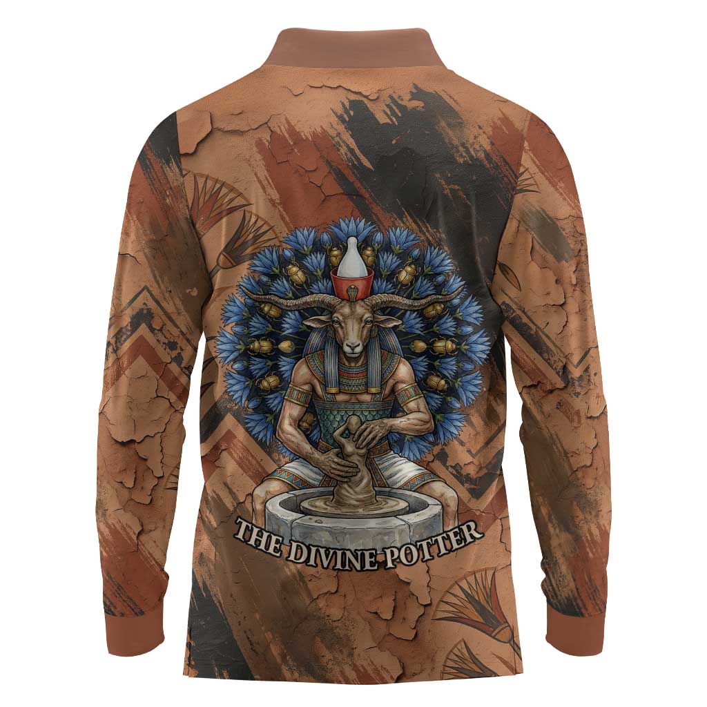 Khnum Long Sleeve Polo Shirt Ancient Egyptian Earthy Cracked Papyrus - Divine Potter - African Pride