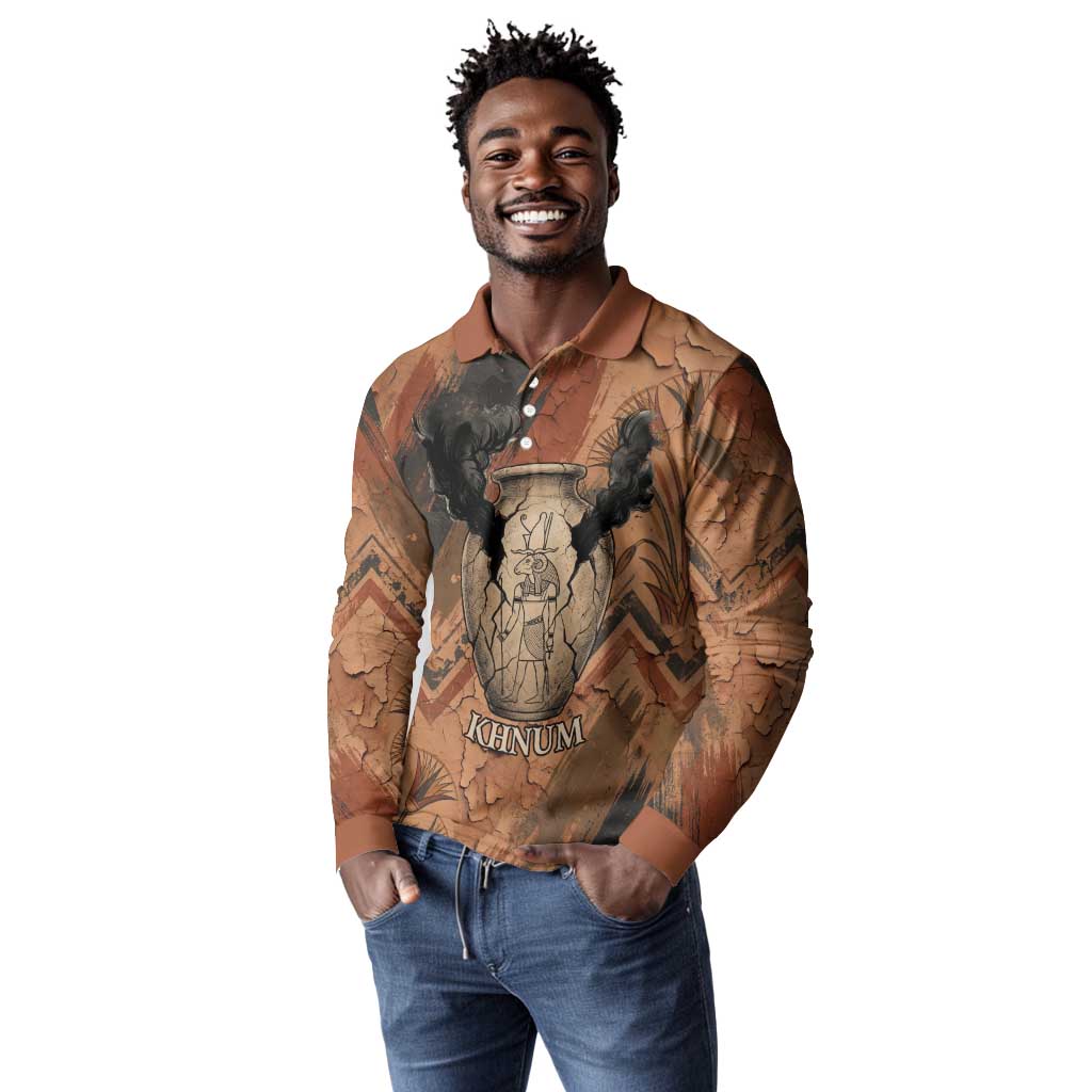 Khnum Long Sleeve Polo Shirt Ancient Egyptian Earthy Cracked Papyrus - Divine Potter - African Pride