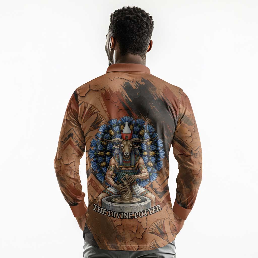 Khnum Long Sleeve Polo Shirt Ancient Egyptian Earthy Cracked Papyrus - Divine Potter - African Pride