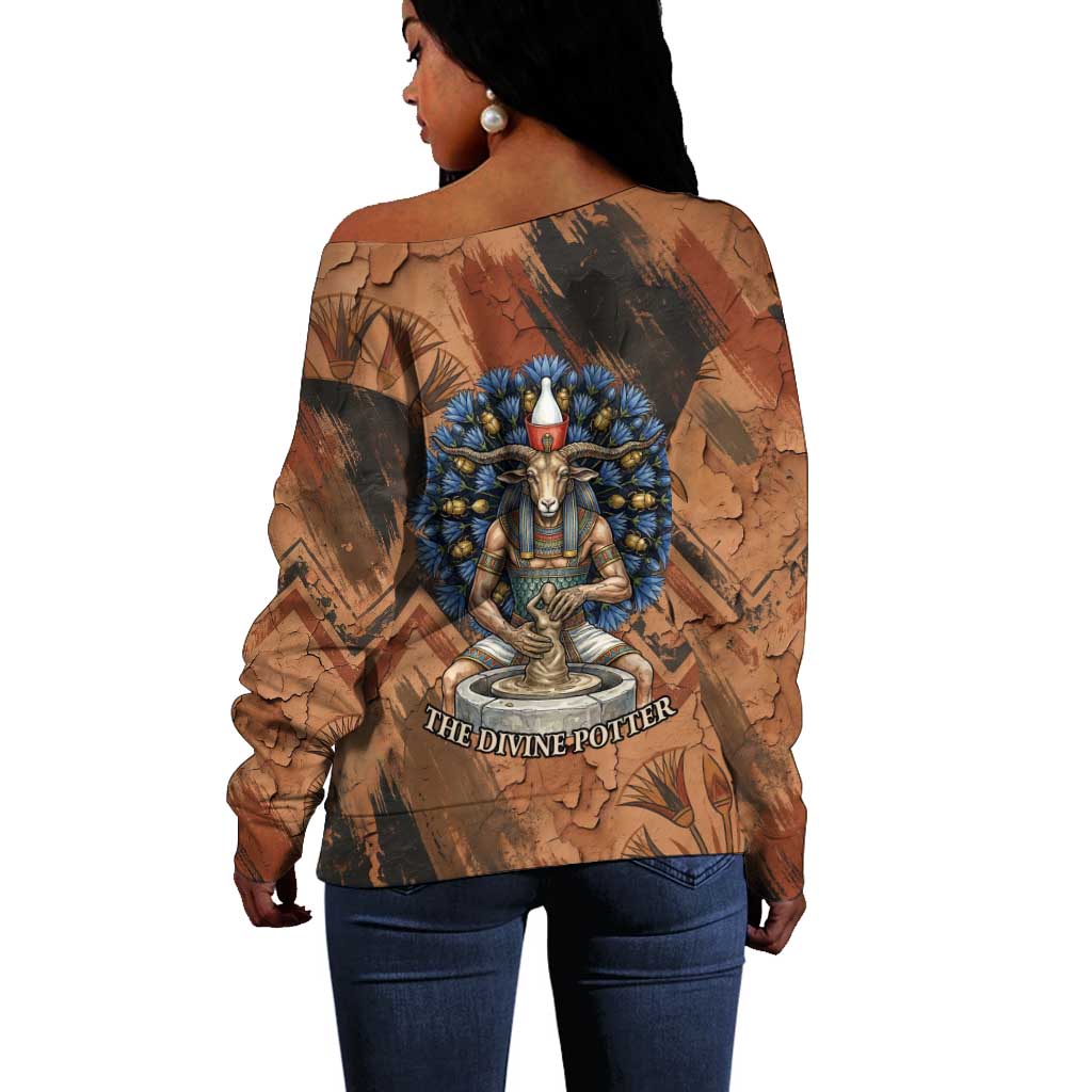 Khnum Off Shoulder Sweater Ancient Egyptian Earthy Cracked Papyrus - Divine Potter - African Pride