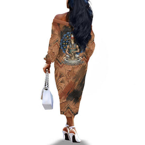 Khnum Off The Shoulder Long Sleeve Dress Ancient Egyptian Earthy Cracked Papyrus - Divine Potter - African Pride