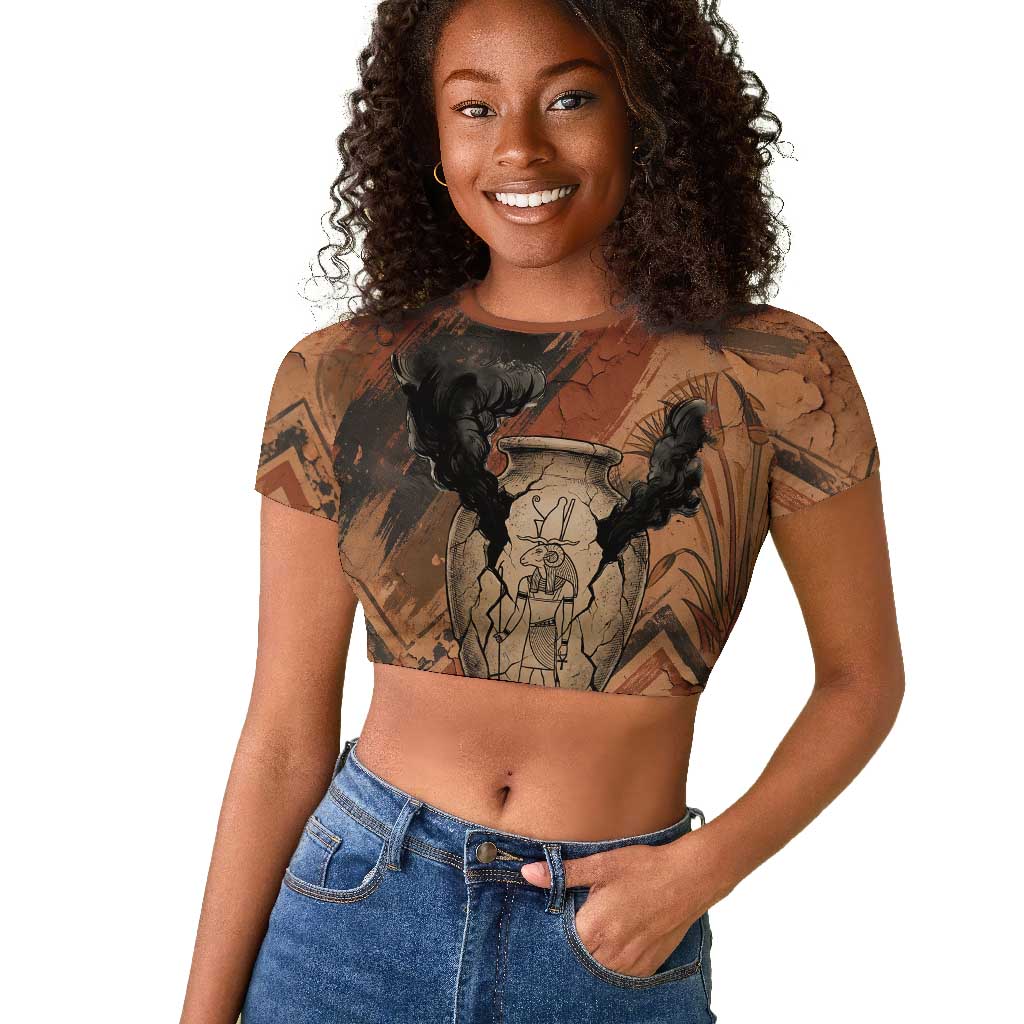Khnum Raglan Cropped T shirt Ancient Egyptian Earthy Cracked Papyrus - Divine Potter - African Pride