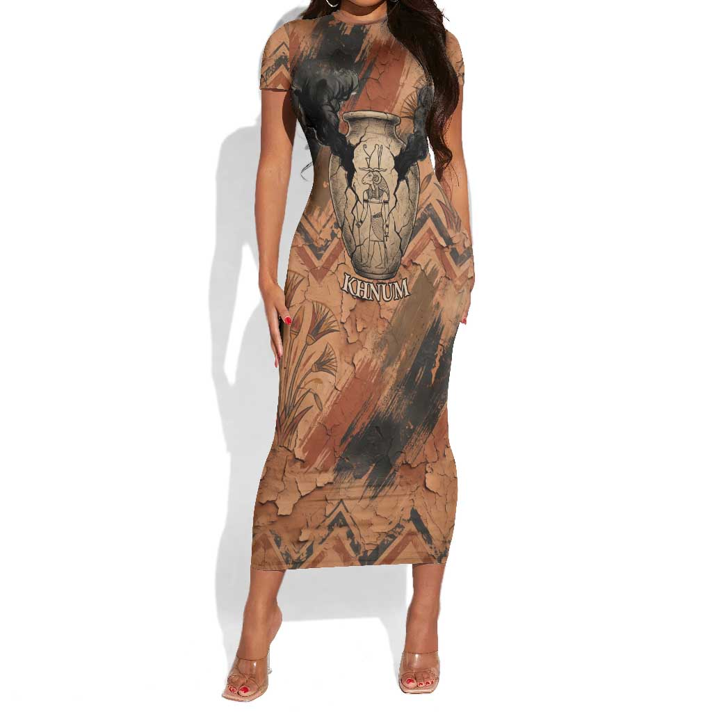 Khnum Short Sleeve Bodycon Dress Ancient Egyptian Earthy Cracked Papyrus - Divine Potter - African Pride