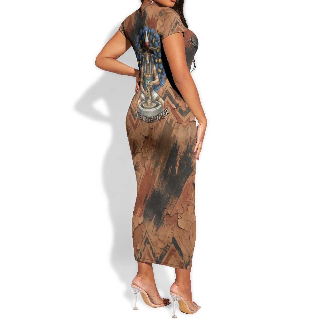 Khnum Short Sleeve Bodycon Dress Ancient Egyptian Earthy Cracked Papyrus - Divine Potter - African Pride