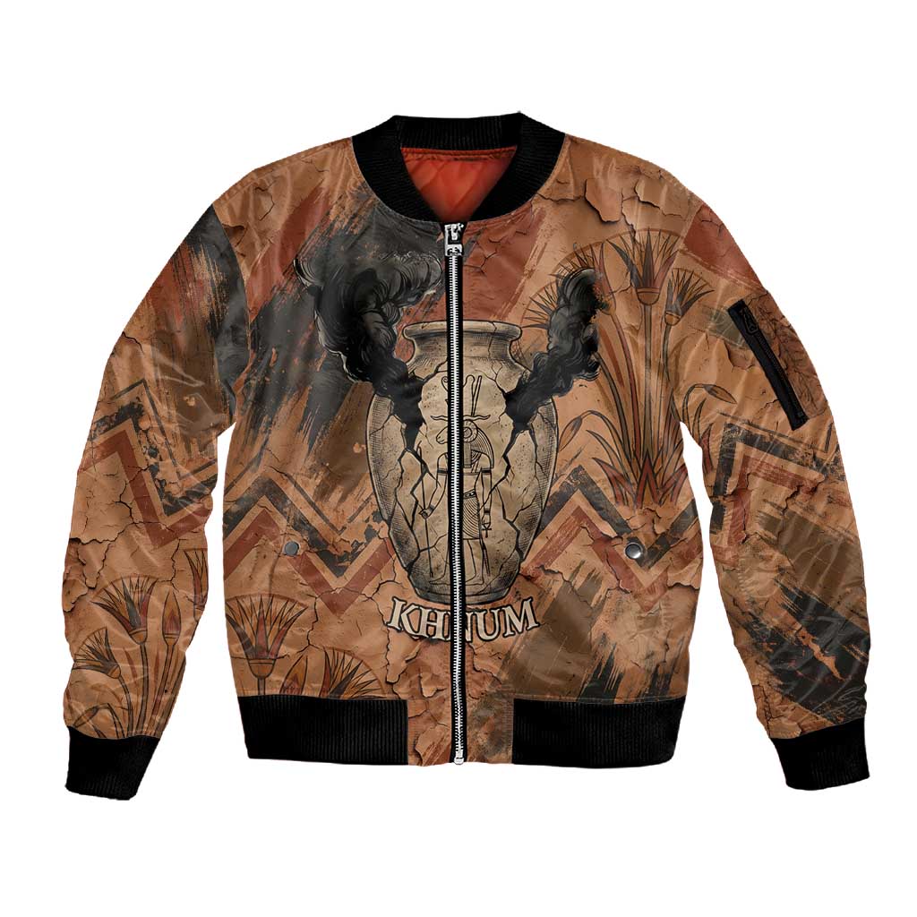Khnum Sleeve Zip Bomber Jacket Ancient Egyptian Earthy Cracked Papyrus - Divine Potter - African Pride