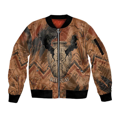 Khnum Sleeve Zip Bomber Jacket Ancient Egyptian Earthy Cracked Papyrus - Divine Potter - African Pride