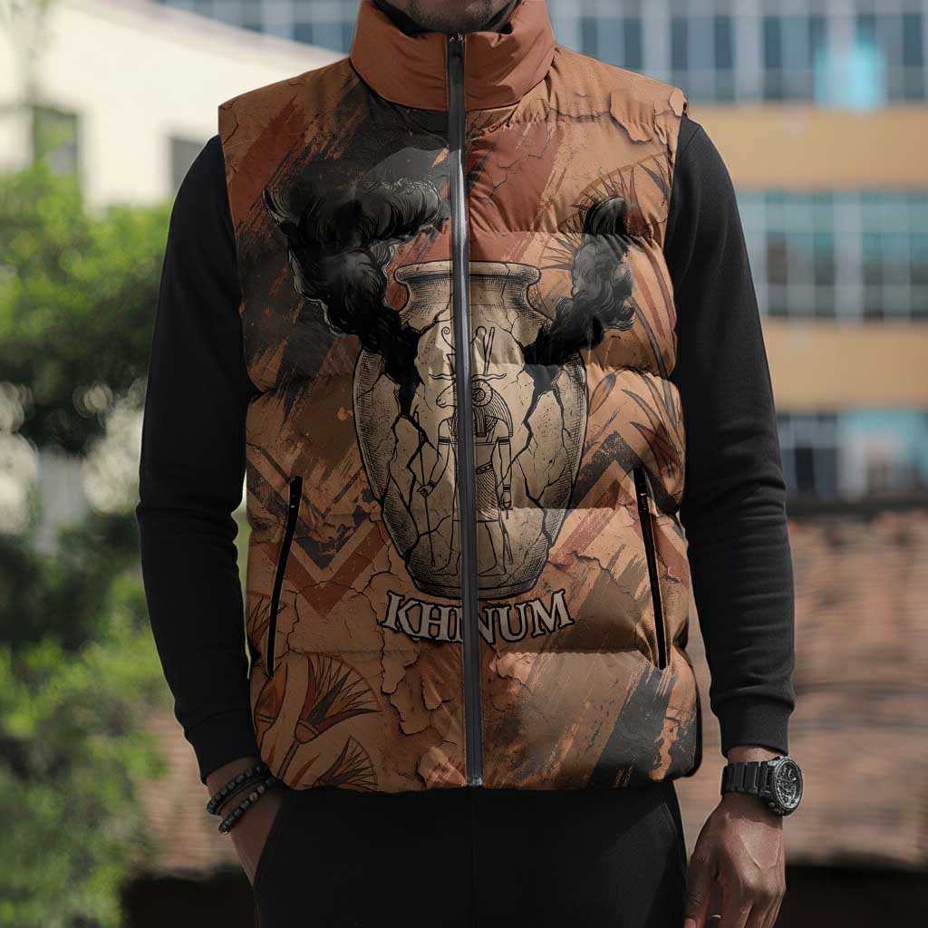 Khnum Sleeveless Puffer Jacket Ancient Egyptian Earthy Cracked Papyrus - Divine Potter - African Pride