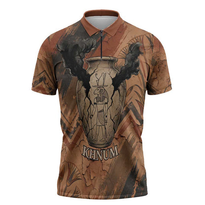 Khnum Zipper Polo Shirt Ancient Egyptian Earthy Cracked Papyrus - Divine Potter - African Pride