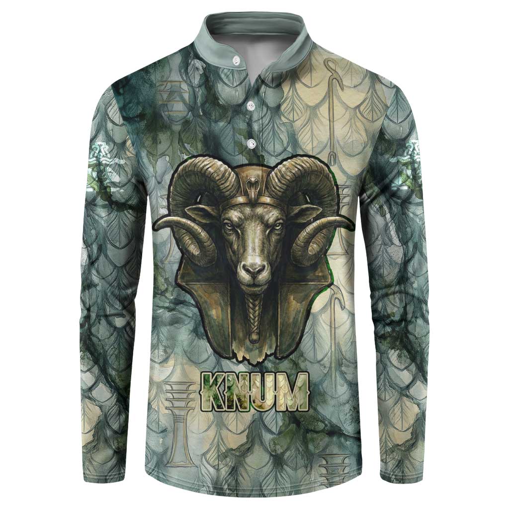 Khnum Ancient Egyptian Button Sweatshirt with Smoky Leaf, Ram Head Emblem, and Guardian of the Cataract