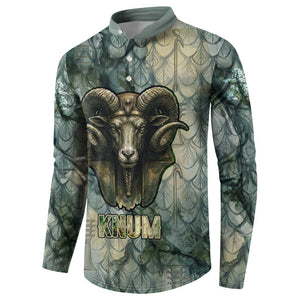 Khnum Ancient Egyptian Button Sweatshirt with Smoky Leaf, Ram Head Emblem, and Guardian of the Cataract