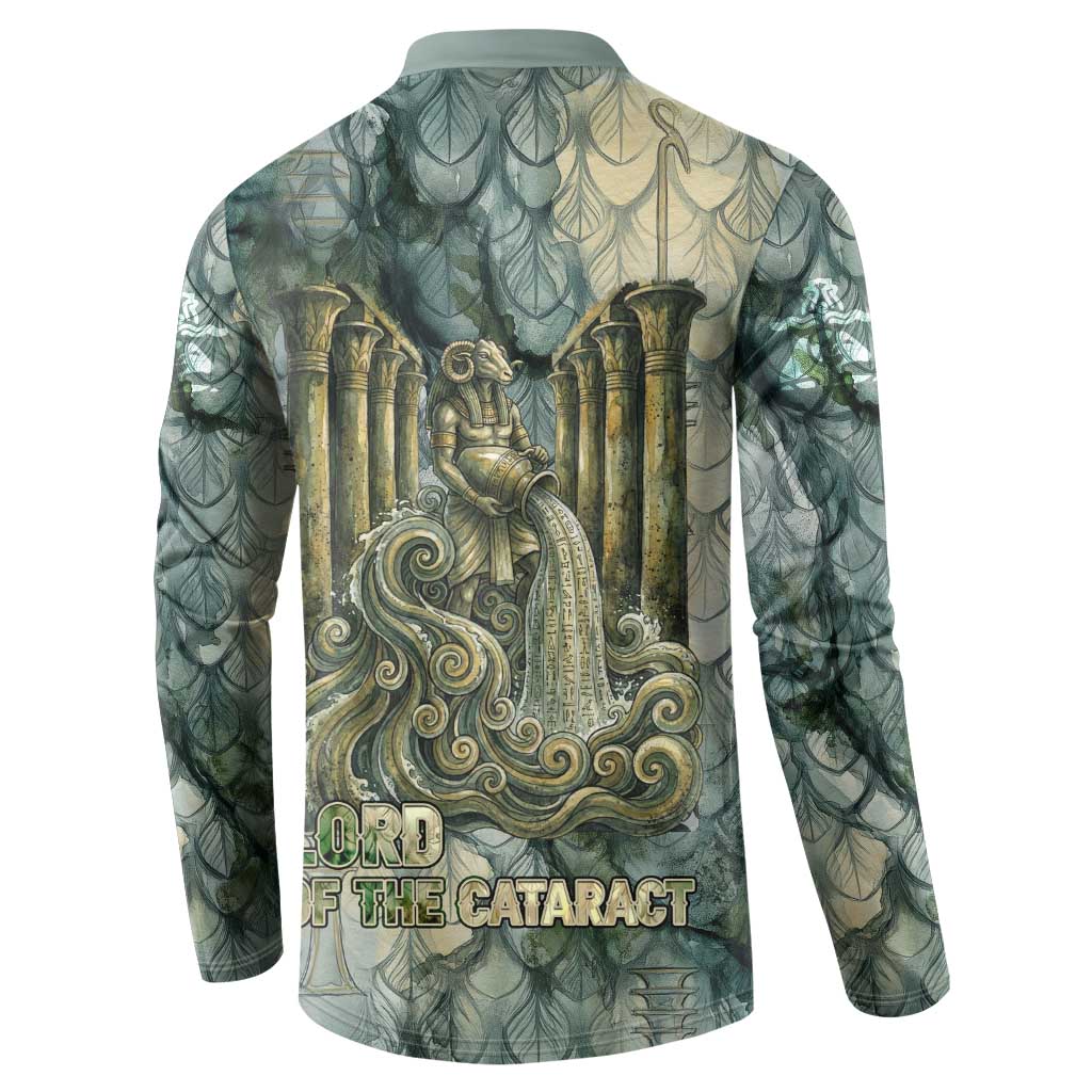 Khnum Ancient Egyptian Button Sweatshirt with Smoky Leaf, Ram Head Emblem, and Guardian of the Cataract