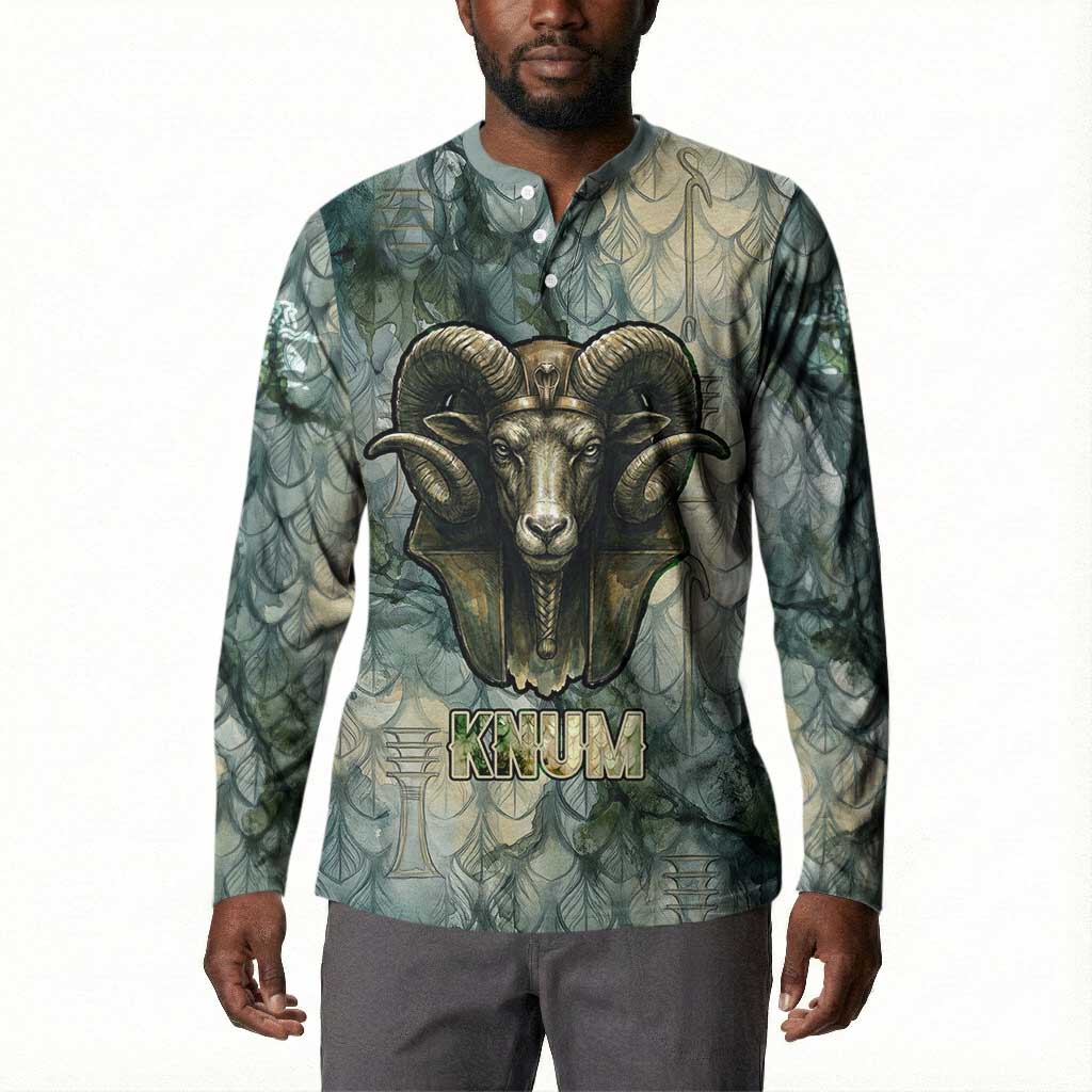 Khnum Ancient Egyptian Button Sweatshirt with Smoky Leaf, Ram Head Emblem, and Guardian of the Cataract